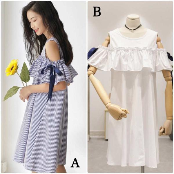 レディース 肩出し 肩見せ オフショルダー ワンピース ミディ丈 ひざ下丈 ストライプ 春 夏 スカート カジュアル キュート 可愛い フェミニン きれいめ 上品 おしゃれ お出かけ お呼ばれ ブルー ホワイト フリーサイズ ワンサイズ 送料無料