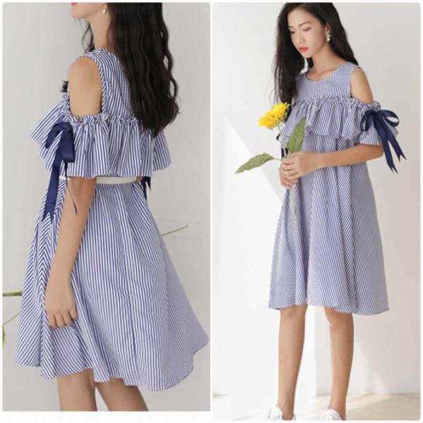 レディース 肩出し 肩見せ オフショルダー ワンピース ミディ丈 ひざ下丈 ストライプ 春 夏 スカート カジュアル キュート 可愛い フェミニン きれいめ 上品 おしゃれ お出かけ お呼ばれ ブルー ホワイト フリーサイズ ワンサイズ 送料無料