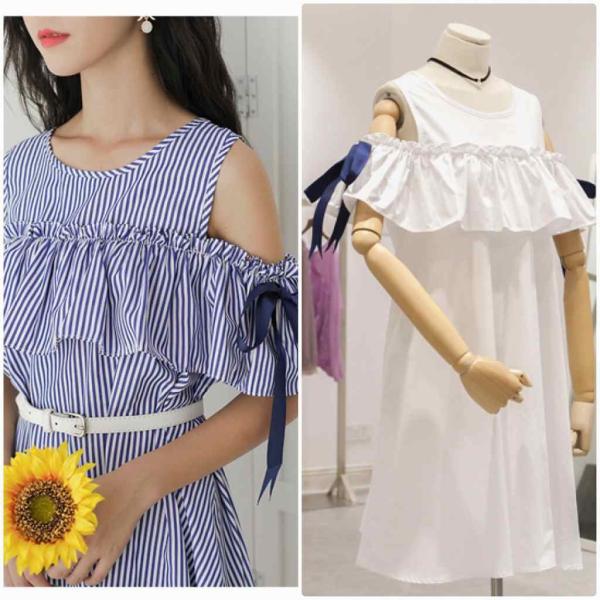 レディース 肩出し 肩見せ オフショルダー ワンピース ミディ丈 ひざ下丈 ストライプ 春 夏 スカート カジュアル キュート 可愛い フェミニン きれいめ 上品 おしゃれ お出かけ お呼ばれ ブルー ホワイト フリーサイズ ワンサイズ 送料無料