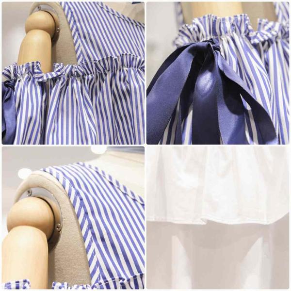 レディース 肩出し 肩見せ オフショルダー ワンピース ミディ丈 ひざ下丈 ストライプ 春 夏 スカート カジュアル キュート 可愛い フェミニン きれいめ 上品 おしゃれ お出かけ お呼ばれ ブルー ホワイト フリーサイズ ワンサイズ 送料無料