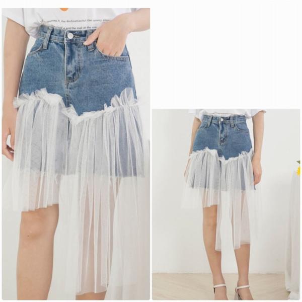 レディース デニムスカート チュールスカート 透け感 透け素材 ハイウエスト ボトムス カジュアル キュート 可愛い フェミニン きれいめ エレガント おしゃれ お出かけ デイリー 普段着 ブルー ライトブルー S M L サイズ 送料無料