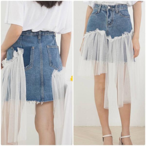 レディース デニムスカート チュールスカート 透け感 透け素材 ハイウエスト ボトムス カジュアル キュート 可愛い フェミニン きれいめ エレガント おしゃれ お出かけ デイリー 普段着 ブルー ライトブルー S M L サイズ 送料無料