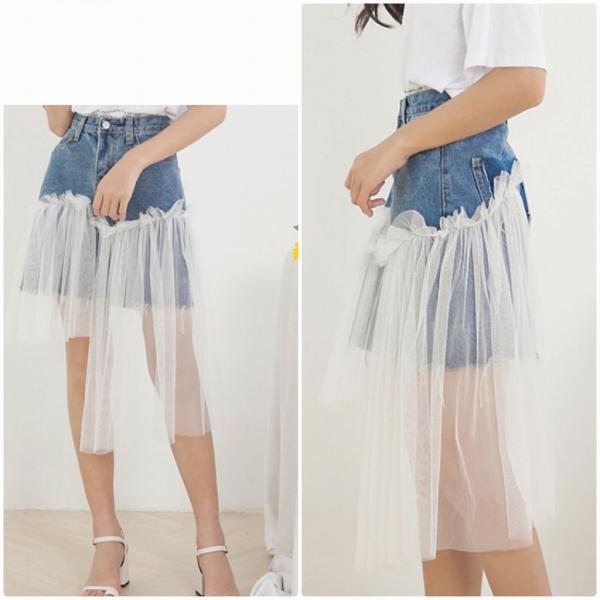 レディース デニムスカート チュールスカート 透け感 透け素材 ハイウエスト ボトムス カジュアル キュート 可愛い フェミニン きれいめ エレガント おしゃれ お出かけ デイリー 普段着 ブルー ライトブルー S M L サイズ 送料無料