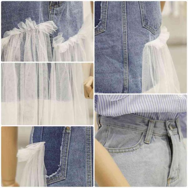 レディース デニムスカート チュールスカート 透け感 透け素材 ハイウエスト ボトムス カジュアル キュート 可愛い フェミニン きれいめ エレガント おしゃれ お出かけ デイリー 普段着 ブルー ライトブルー S M L サイズ 送料無料
