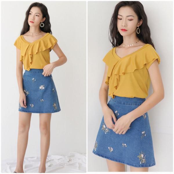 レディース デニムスカート ハイウエスト 花柄 刺繍 ミニ丈 ジーンズ ボトムス カジュアル キュート 可愛い フェミニン きれいめ エレガント おしゃれ お出かけ デイリー 普段着 ブルー ライトブルー S M L サイズ 送料無料