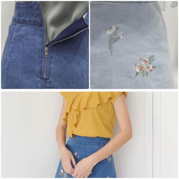 レディース デニムスカート ハイウエスト 花柄 刺繍 ミニ丈 ジーンズ ボトムス カジュアル キュート 可愛い フェミニン きれいめ エレガント おしゃれ お出かけ デイリー 普段着 ブルー ライトブルー S M L サイズ 送料無料