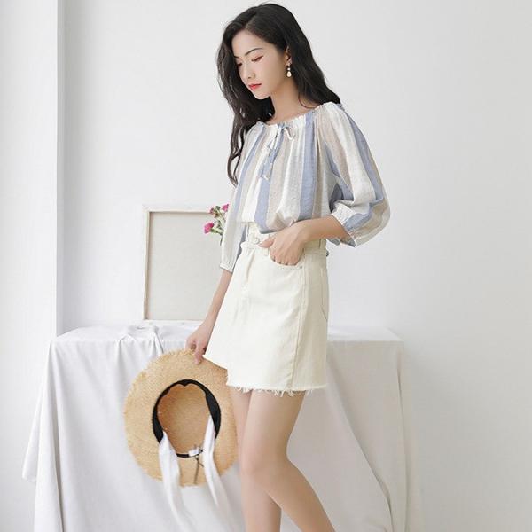 レディース デニムスカート ハイウエスト カットオフデニム 台形スカート ミニ丈 ジーンズ ボトムス カジュアル キュート 可愛い フェミニン きれいめ エレガント おしゃれ お出かけ デイリー 普段着 ベージュ S M L サイズ 送料無料