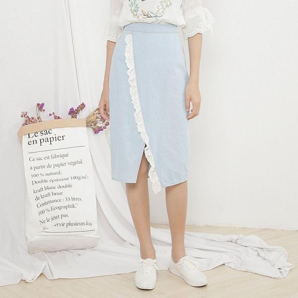 レディース スカート レース ミモレ丈 ひざ下丈 スリット ハイウエスト 春 夏 ボトムス カジュアル キュート 大人 可愛い フェミニン きれいめ おしゃれ お出かけ デイリー 二次会 お呼ばれ ライトブルー S M L サイズ 送料無料