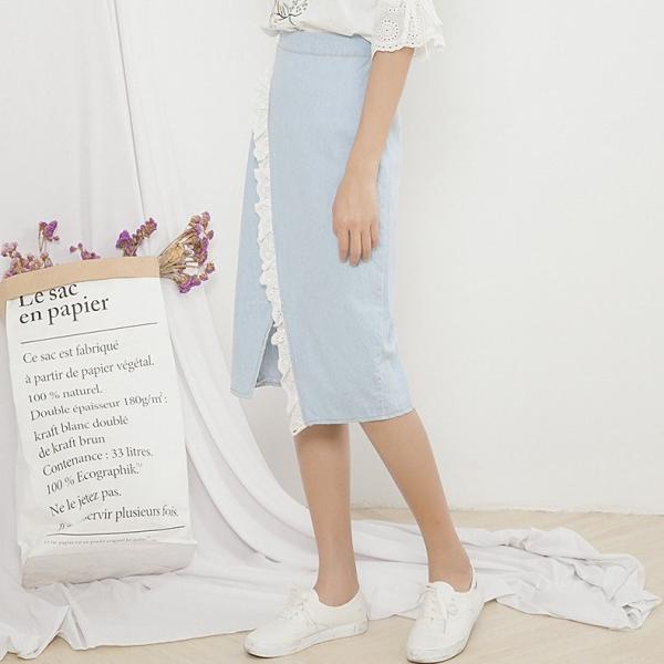 レディース スカート レース ミモレ丈 ひざ下丈 スリット ハイウエスト 春 夏 ボトムス カジュアル キュート 大人 可愛い フェミニン きれいめ おしゃれ お出かけ デイリー 二次会 お呼ばれ ライトブルー S M L サイズ 送料無料