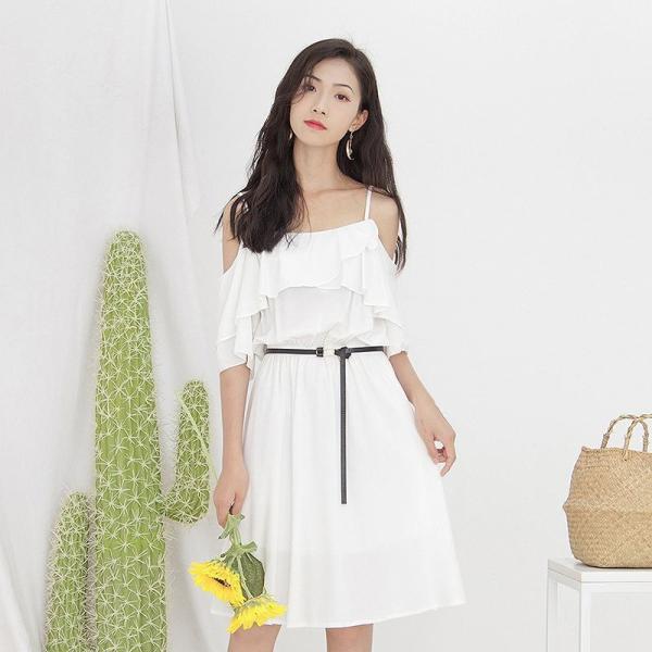 レディース 肩出し 肩見せ オフショルダー 肩紐 ワンピース 無地 シンプル 春 夏 スカート カジュアル キュート 可愛い フェミニン きれいめ 上品 エレガント おしゃれ お出かけ お呼ばれ ホワイト ブルー フリーサイズ ワンサイズ 送料無料