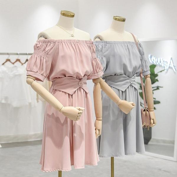 レディース 肩出し 肩見せ オフショルダー ワンピース ひざ丈 無地 シンプル 春 夏 スカート カジュアル キュート 可愛い フェミニン きれいめ 上品 エレガント おしゃれ お出かけ お呼ばれ ピンク ブルー フリーサイズ ワンサイズ 送料無料