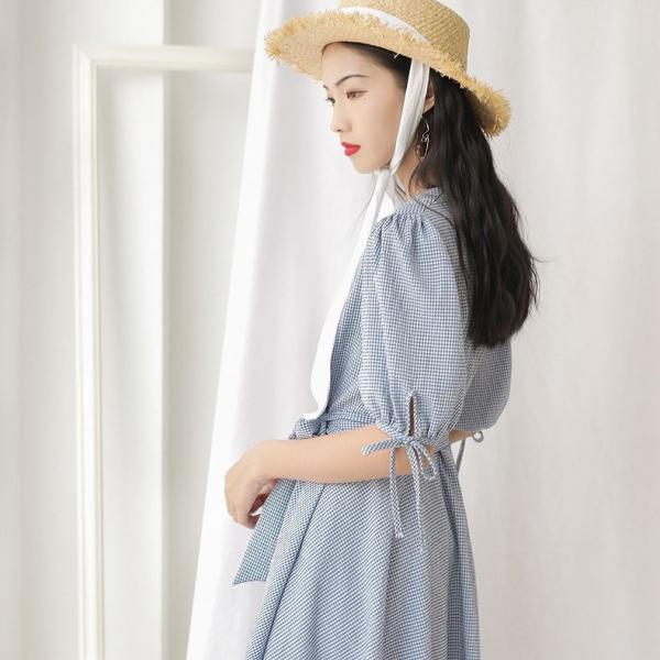 レディース Vネック ワンピース パフスリーブ 腰紐リボン ひざ丈 ギンガムチェック柄 春 夏 スカート カジュアル キュート 可愛い フェミニン きれいめ 上品 エレガント おしゃれ お出かけ お呼ばれ ベージュ ブルー フリーサイズ 送料無料