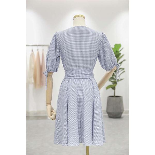 レディース Vネック ワンピース パフスリーブ 腰紐リボン ひざ丈 ギンガムチェック柄 春 夏 スカート カジュアル キュート 可愛い フェミニン きれいめ 上品 エレガント おしゃれ お出かけ お呼ばれ ベージュ ブルー フリーサイズ 送料無料