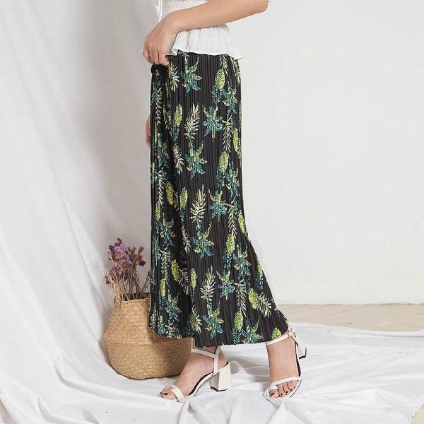 レディース シフォン ワイドレッグパンツ プリーツ ハイウエスト ボタニカル柄 ボトムス カジュアル キュート 可愛い フェミニン きれいめ エレガント おしゃれ お出かけ オフィス デイリー 普段着 フリーサイズ ワンサイズ 送料無料