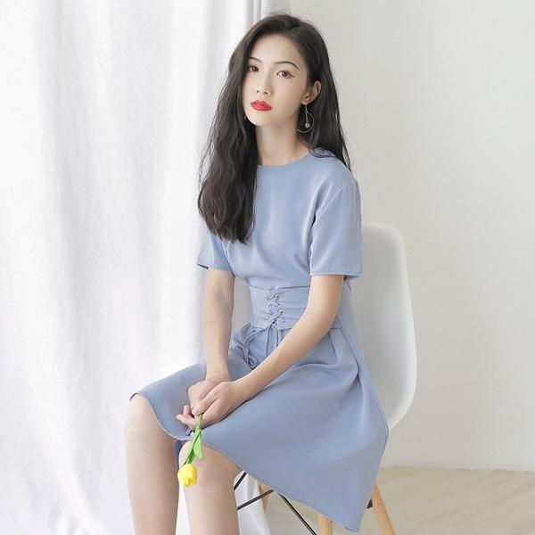 レディース ワンピース 半袖 レースアップ 無地 シンプル 春 夏 スカート カジュアル キュート 可愛い フェミニン きれいめ 上品 エレガント おしゃれ お出かけ お呼ばれ グリーン ブルー フリーサイズ ワンサイズ 送料無料