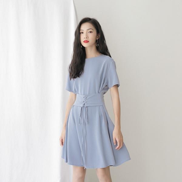 レディース ワンピース 半袖 レースアップ 無地 シンプル 春 夏 スカート カジュアル キュート 可愛い フェミニン きれいめ 上品 エレガント おしゃれ お出かけ お呼ばれ グリーン ブルー フリーサイズ ワンサイズ 送料無料