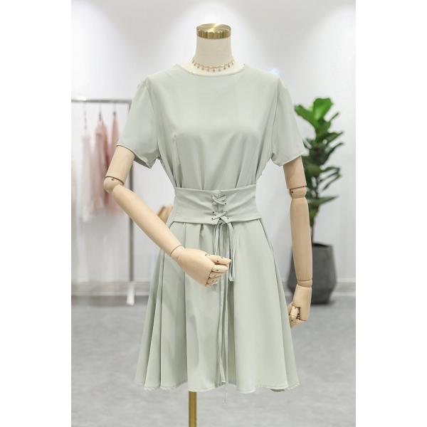 レディース ワンピース 半袖 レースアップ 無地 シンプル 春 夏 スカート カジュアル キュート 可愛い フェミニン きれいめ 上品 エレガント おしゃれ お出かけ お呼ばれ グリーン ブルー フリーサイズ ワンサイズ 送料無料