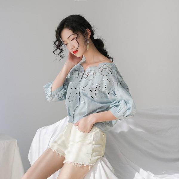 レディース レース ブラウス 五分袖 シャツ スカラップ 春 夏 トップス カジュアル キュート 可愛い フェミニン きれいめ 上品 エレガント おしゃれ お出かけ オフィス デート デイリー ホワイト ブルー フリーサイズ ワンサイズ 送料無料