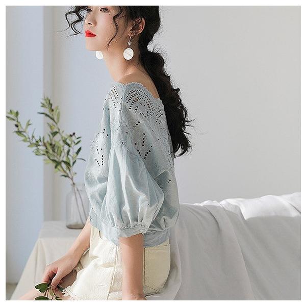 レディース レース ブラウス 五分袖 シャツ スカラップ 春 夏 トップス カジュアル キュート 可愛い フェミニン きれいめ 上品 エレガント おしゃれ お出かけ オフィス デート デイリー ホワイト ブルー フリーサイズ ワンサイズ 送料無料