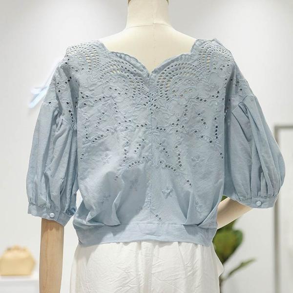レディース レース ブラウス 五分袖 シャツ スカラップ 春 夏 トップス カジュアル キュート 可愛い フェミニン きれいめ 上品 エレガント おしゃれ お出かけ オフィス デート デイリー ホワイト ブルー フリーサイズ ワンサイズ 送料無料