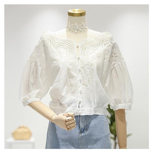 レディース レース ブラウス 五分袖 シャツ スカラップ 春 夏 トップス カジュアル キュート 可愛い フェミニン きれいめ 上品 エレガント おしゃれ お出かけ オフィス デート デイリー ホワイト ブルー フリーサイズ ワンサイズ 送料無料