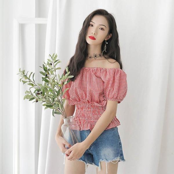 レディース トップス オフショルダー カットソー パフスリーブ チェック 半袖 夏 カジュアル 大人可愛い フェミニン オフィス お出かけ デート デイリー レッド イエロー フリーサイズ 送料無料