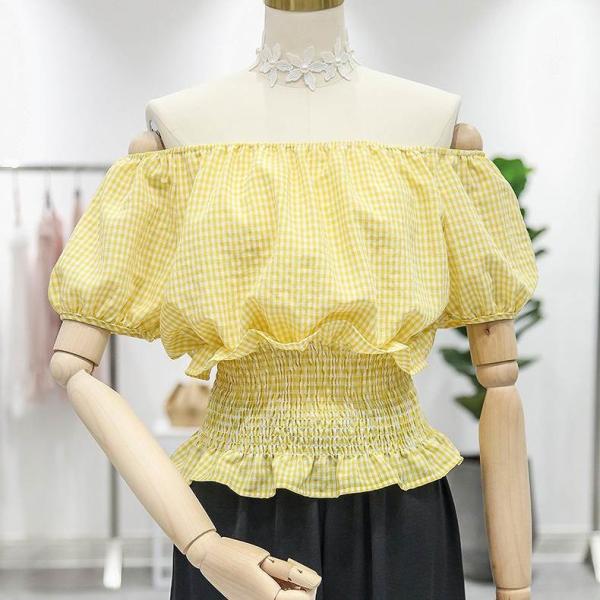 レディース トップス オフショルダー カットソー パフスリーブ チェック 半袖 夏 カジュアル 大人可愛い フェミニン オフィス お出かけ デート デイリー レッド イエロー フリーサイズ 送料無料