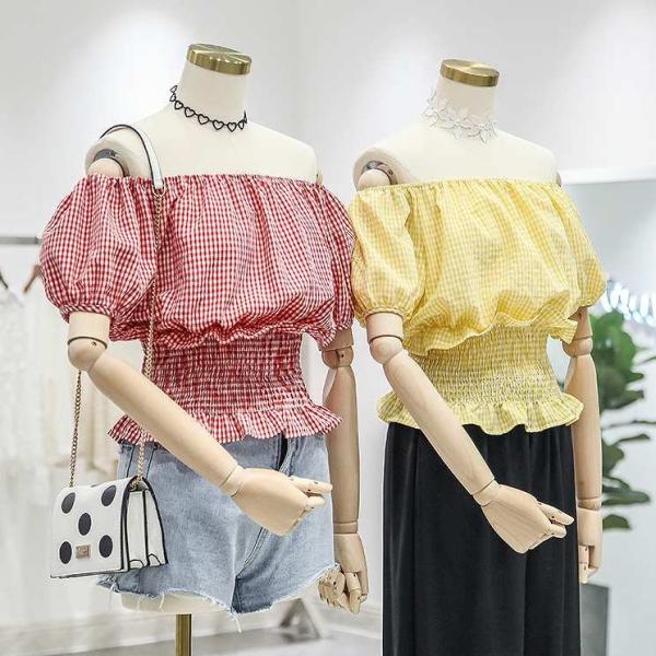 レディース トップス オフショルダー カットソー パフスリーブ チェック 半袖 夏 カジュアル 大人可愛い フェミニン オフィス お出かけ デート デイリー レッド イエロー フリーサイズ 送料無料