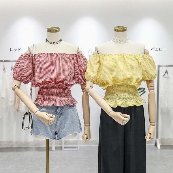 レディース トップス オフショルダー カットソー パフスリーブ チェック 半袖 夏 カジュアル 大人可愛い フェミニン オフィス お出かけ デート デイリー レッド イエロー フリーサイズ 送料無料