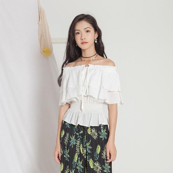 レディース トップス オフショルダー カットソー フリル 無地 リボン 半袖 夏 カジュアル 大人可愛い フェミニン オフィス お出かけ デート デイリー ホワイト ブルー フリーサイズ 送料無料