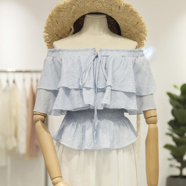 レディース トップス オフショルダー カットソー フリル 無地 リボン 半袖 夏 カジュアル 大人可愛い フェミニン オフィス お出かけ デート デイリー ホワイト ブルー フリーサイズ 送料無料