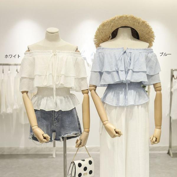 レディース トップス オフショルダー カットソー フリル 無地 リボン 半袖 夏 カジュアル 大人可愛い フェミニン オフィス お出かけ デート デイリー ホワイト ブルー フリーサイズ 送料無料