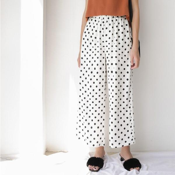 レディース ボトムス ワイド パンツ シフォン ドット柄 水玉 8分丈 夏 カジュアル 大人可愛い フェミニン オフィス お出かけ デート デイリー ブラック ホワイト フリーサイズ 送料無料