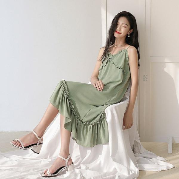 レディース ノースリーブ ワンピース アシンメトリー Vネック 無地 ミディ丈 夏 セクシー カジュアル 大人可愛い フェミニン デート デイリー ルームウェア ベージュ グリーン フリーサイズ 送料無料