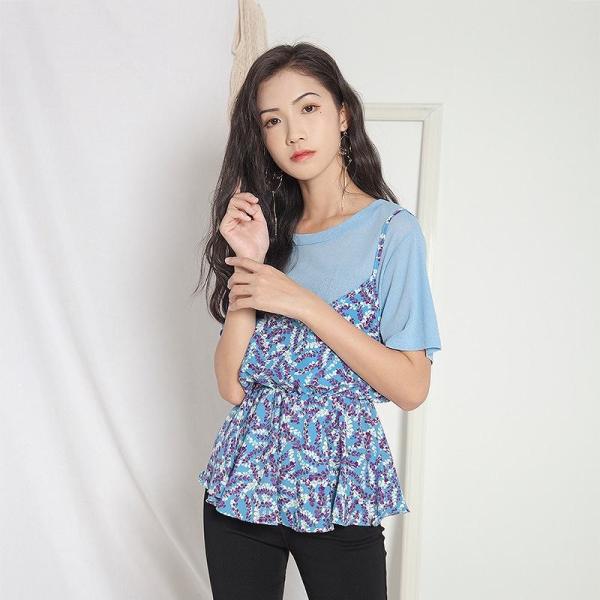 レディース トップス 半袖 無地 Tシャツ 総柄 キャミソール 夏 カジュアル 大人可愛い フェミニン オフィス お出かけ デート デイリー ブルー パープル フリーサイズ 送料無料