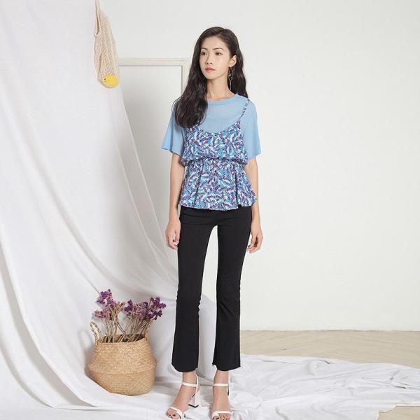 レディース トップス 半袖 無地 Tシャツ 総柄 キャミソール 夏 カジュアル 大人可愛い フェミニン オフィス お出かけ デート デイリー ブルー パープル フリーサイズ 送料無料