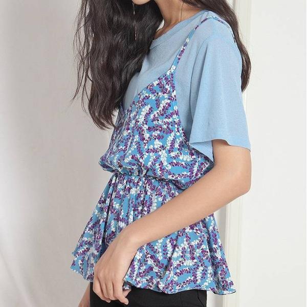 レディース トップス 半袖 無地 Tシャツ 総柄 キャミソール 夏 カジュアル 大人可愛い フェミニン オフィス お出かけ デート デイリー ブルー パープル フリーサイズ 送料無料