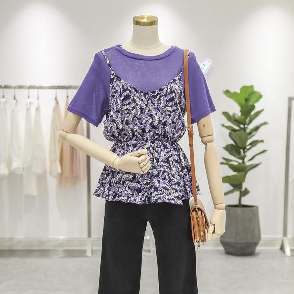 レディース トップス 半袖 無地 Tシャツ 総柄 キャミソール 夏 カジュアル 大人可愛い フェミニン オフィス お出かけ デート デイリー ブルー パープル フリーサイズ 送料無料