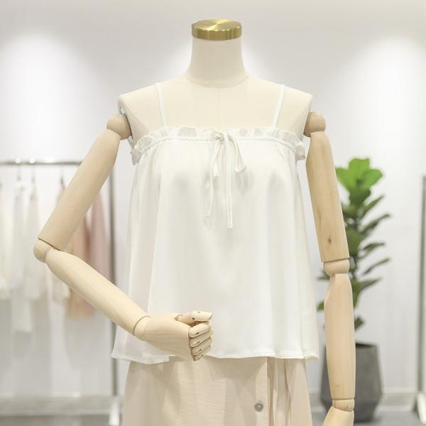 レディース トップス キャミソール ノースリーブ カットソー シフォン 無地 リボン 夏 カジュアル 大人可愛い フェミニン オフィス お出かけ デート デイリー ホワイト グリーン フリーサイズ 送料無料