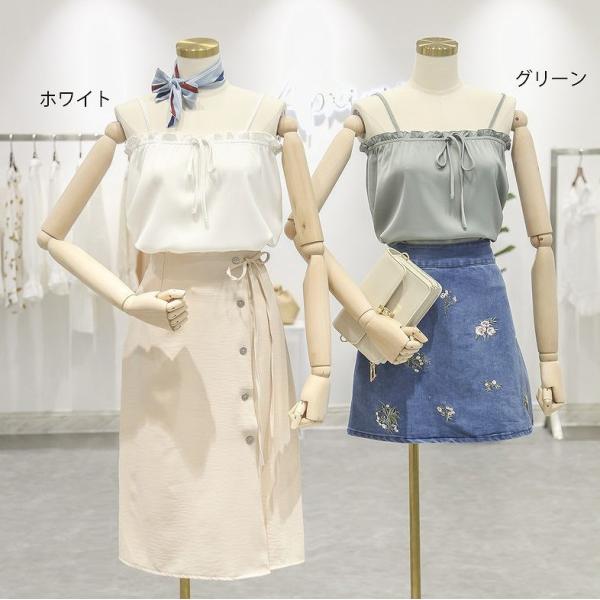 レディース トップス キャミソール ノースリーブ カットソー シフォン 無地 リボン 夏 カジュアル 大人可愛い フェミニン オフィス お出かけ デート デイリー ホワイト グリーン フリーサイズ 送料無料