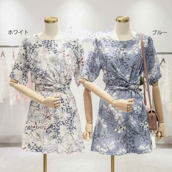 レディース シフォン ワンピース クルーネック 半袖 フレア 花柄 総柄 膝上丈 夏 カジュアル 大人可愛い フェミニン オフィス お出かけ デート デイリー リゾート ホワイト ブルー フリーサイズ 送料無料