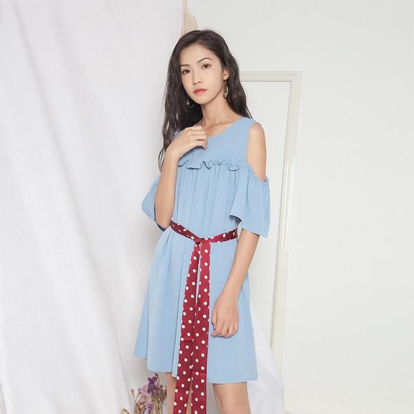 レディース シフォン ワンピース クルーネック 半袖 オープンショルダー フレア 無地 膝上丈 夏 カジュアル 大人可愛い フェミニン オフィス お出かけ デート デイリー リゾート グリーン ブルー フリーサイズ 送料無料