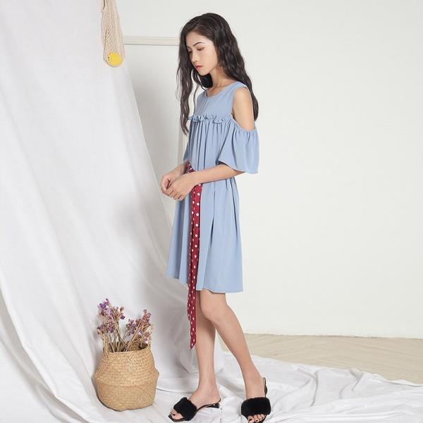 レディース シフォン ワンピース クルーネック 半袖 オープンショルダー フレア 無地 膝上丈 夏 カジュアル 大人可愛い フェミニン オフィス お出かけ デート デイリー リゾート グリーン ブルー フリーサイズ 送料無料