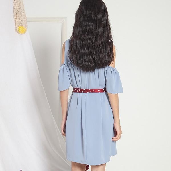 レディース シフォン ワンピース クルーネック 半袖 オープンショルダー フレア 無地 膝上丈 夏 カジュアル 大人可愛い フェミニン オフィス お出かけ デート デイリー リゾート グリーン ブルー フリーサイズ 送料無料