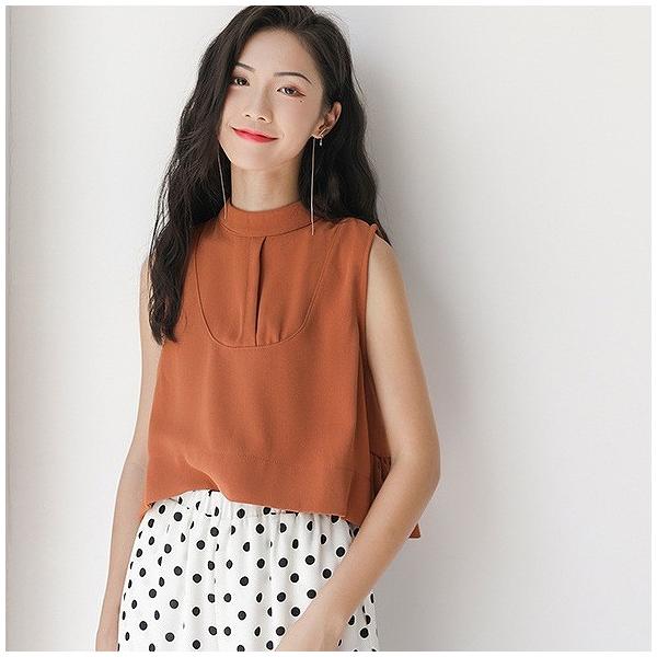 レディース トップス ノースリーブ カットソー クルーネック ショート丈 無地 夏 カジュアル 大人可愛い フェミニン オフィス お出かけ デート デイリー ホワイト オレンジ フリーサイズ 送料無料