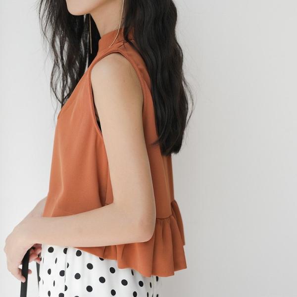 レディース トップス ノースリーブ カットソー クルーネック ショート丈 無地 夏 カジュアル 大人可愛い フェミニン オフィス お出かけ デート デイリー ホワイト オレンジ フリーサイズ 送料無料