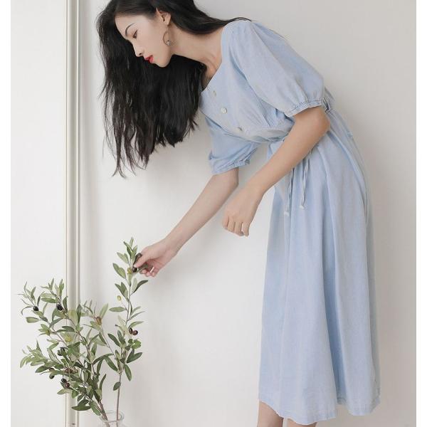 レディース ワンピース スクエアネック パフスリーブ 半袖 無地 ウエストリボン ロング丈 夏 清楚 カジュアル 大人可愛い フェミニン デート デイリー リゾート ブルー フリーサイズ 送料無料
