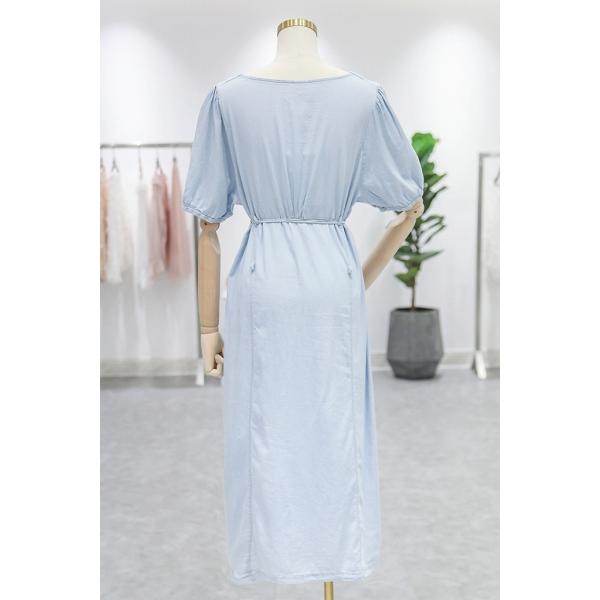 レディース ワンピース スクエアネック パフスリーブ 半袖 無地 ウエストリボン ロング丈 夏 清楚 カジュアル 大人可愛い フェミニン デート デイリー リゾート ブルー フリーサイズ 送料無料