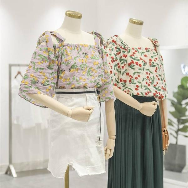 レディース トップス スクエアネック カットソー 5分袖 シフォン 総柄 夏 カジュアル 大人可愛い フェミニン オフィス お出かけ デート デイリー パープル ホワイト フリーサイズ 送料無料