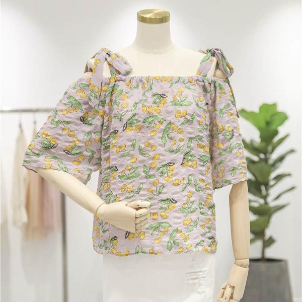 レディース トップス スクエアネック カットソー 5分袖 シフォン 総柄 夏 カジュアル 大人可愛い フェミニン オフィス お出かけ デート デイリー パープル ホワイト フリーサイズ 送料無料